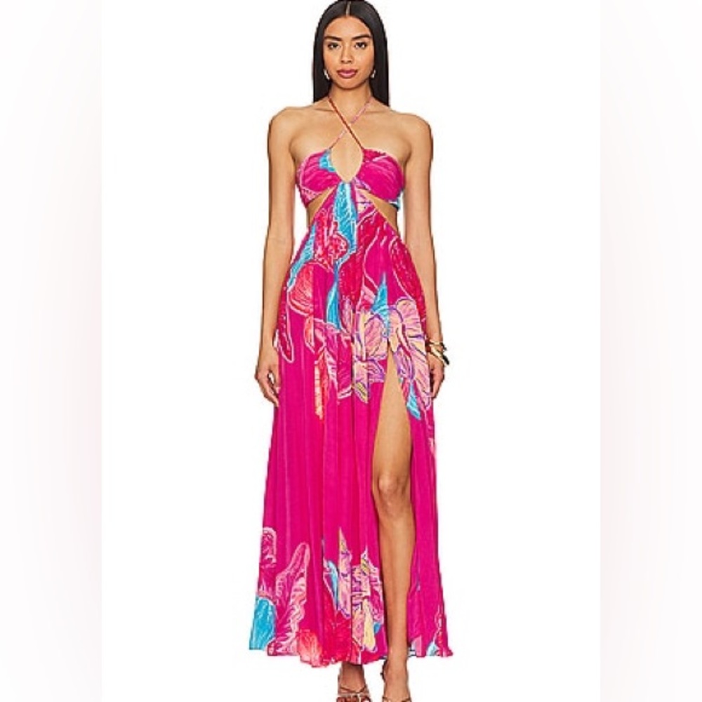 Rococo sand Juno Hot Pink Floral Halter Maxi Dress with Side Slit